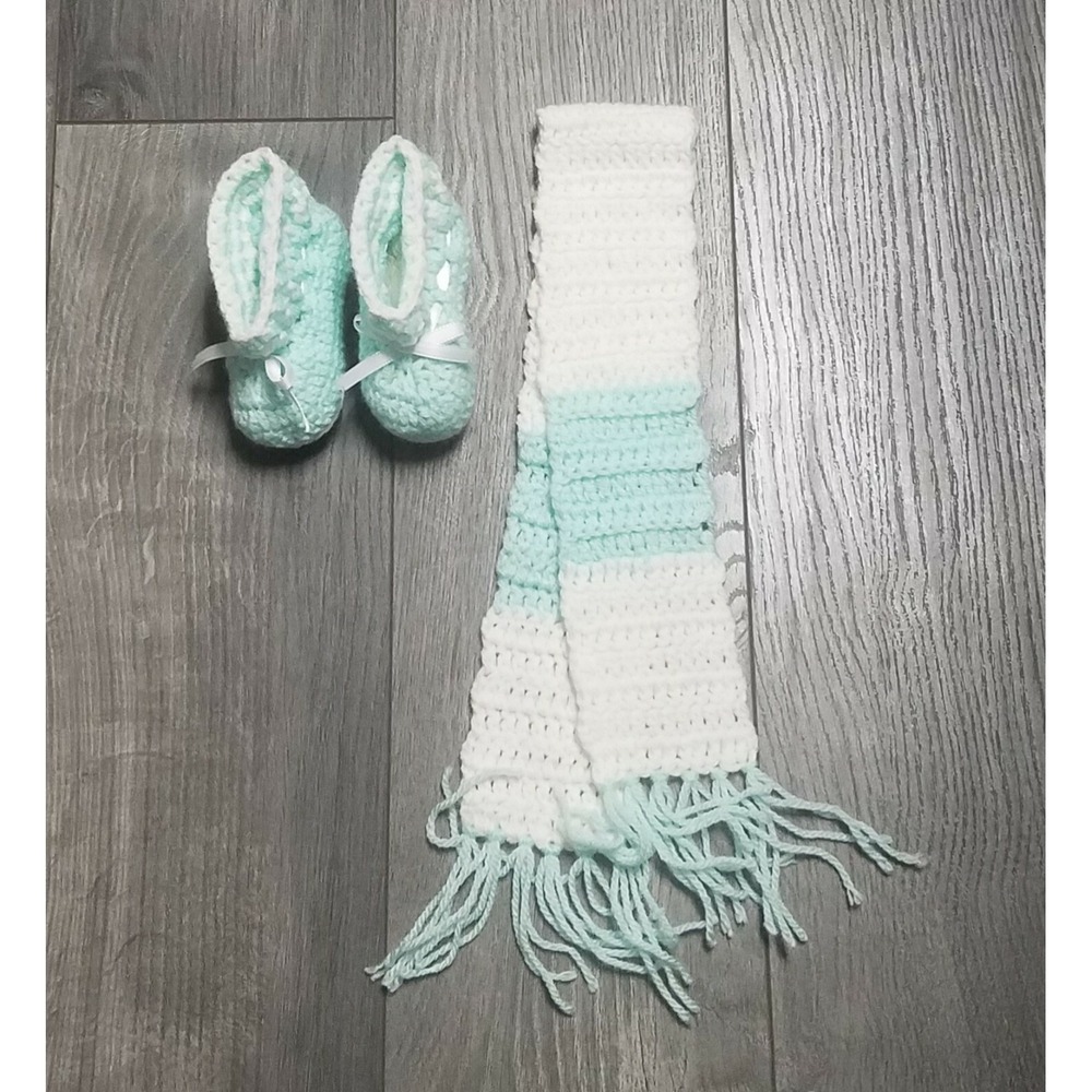 Handmade Baby Scarf and Booties - Light Green